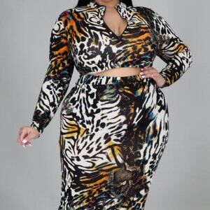 Leopard Print/Stretch Long Sleeve Two-piece Set|Size: M
